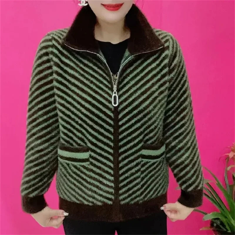 Suéter de terciopelo de visón de imitación grueso coreano para mujer, abrigo suelto con cremallera, cárdigan de punto, chaqueta para madre, abrigo 5XL, Otoño e Invierno