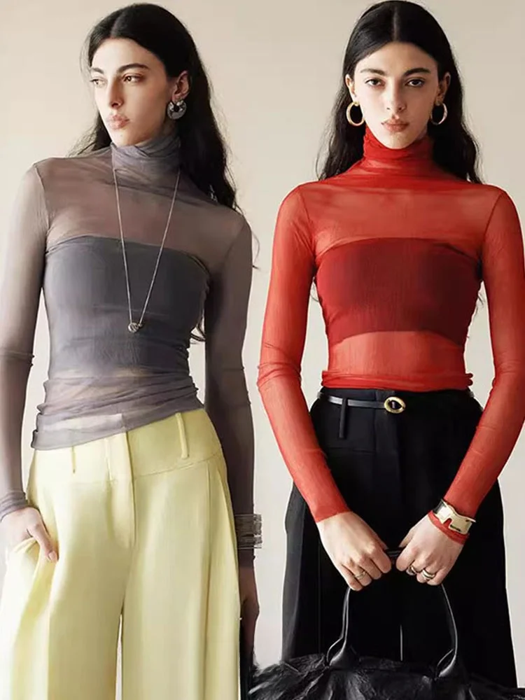Fashionable High Neck Lace Base Shirt Women's Autumn Winter Inner Wear Layered Transparent Net Shirt Sexy Style Long Sleeve T...