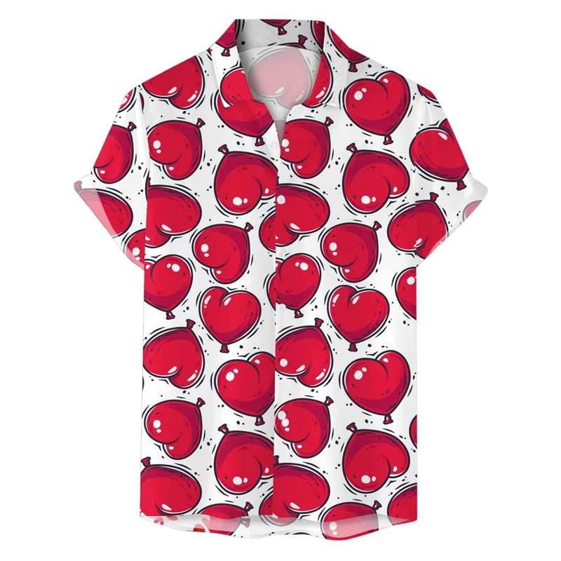 Valentijnsdag Love Heart 3d Print Shirt Mannen Vrouwen Zomer Straat Korte Mouw Hawaiiaanse Shirts Tops Revers Knoop Losse Blouse