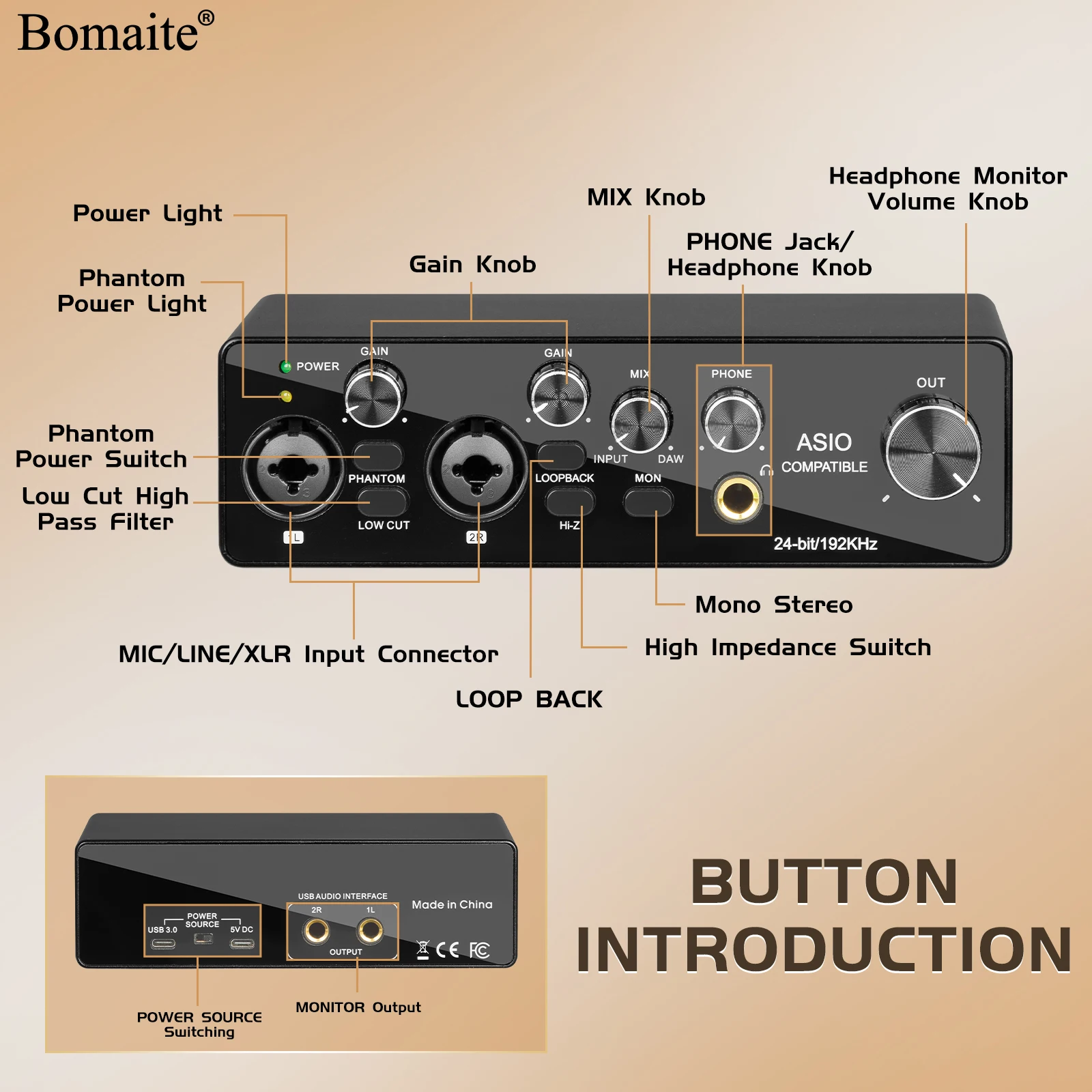 MQ22/44 ASIO Audio Professional Sound Card 2/4 قناة USB واجهة الصوت للتسجيل المباشر