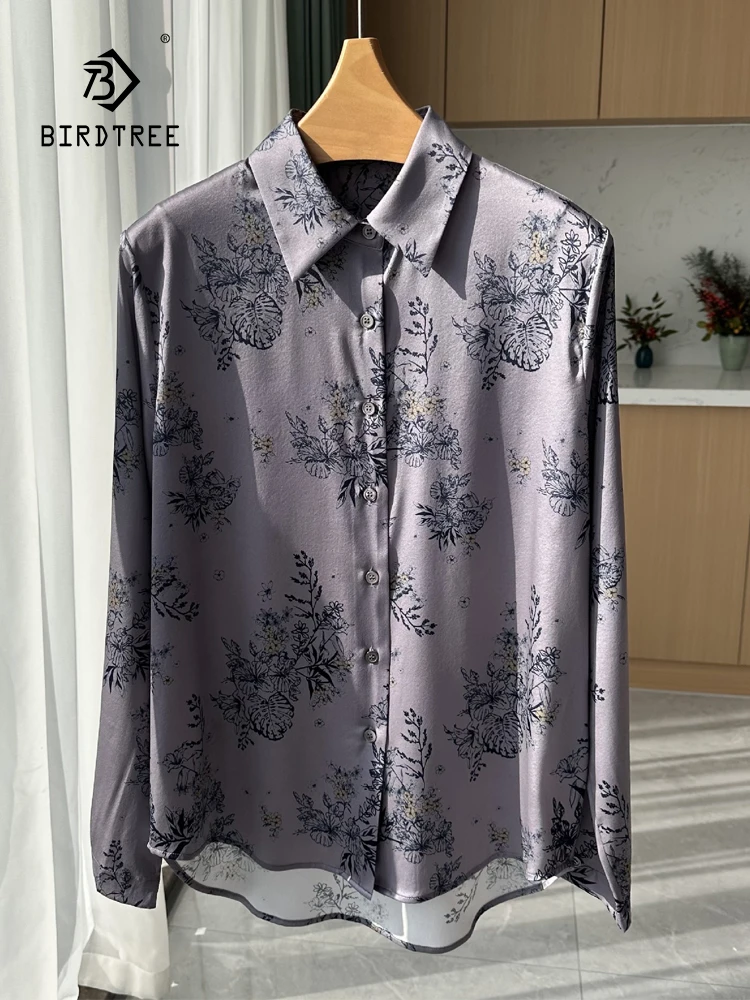 

Birdtree 19.7MM 91.7%Mulberry Silk Printed Luxurious Blouses Women Sand Washed Elastic Satin Long Sleeve Shirt Spring T3D522QC