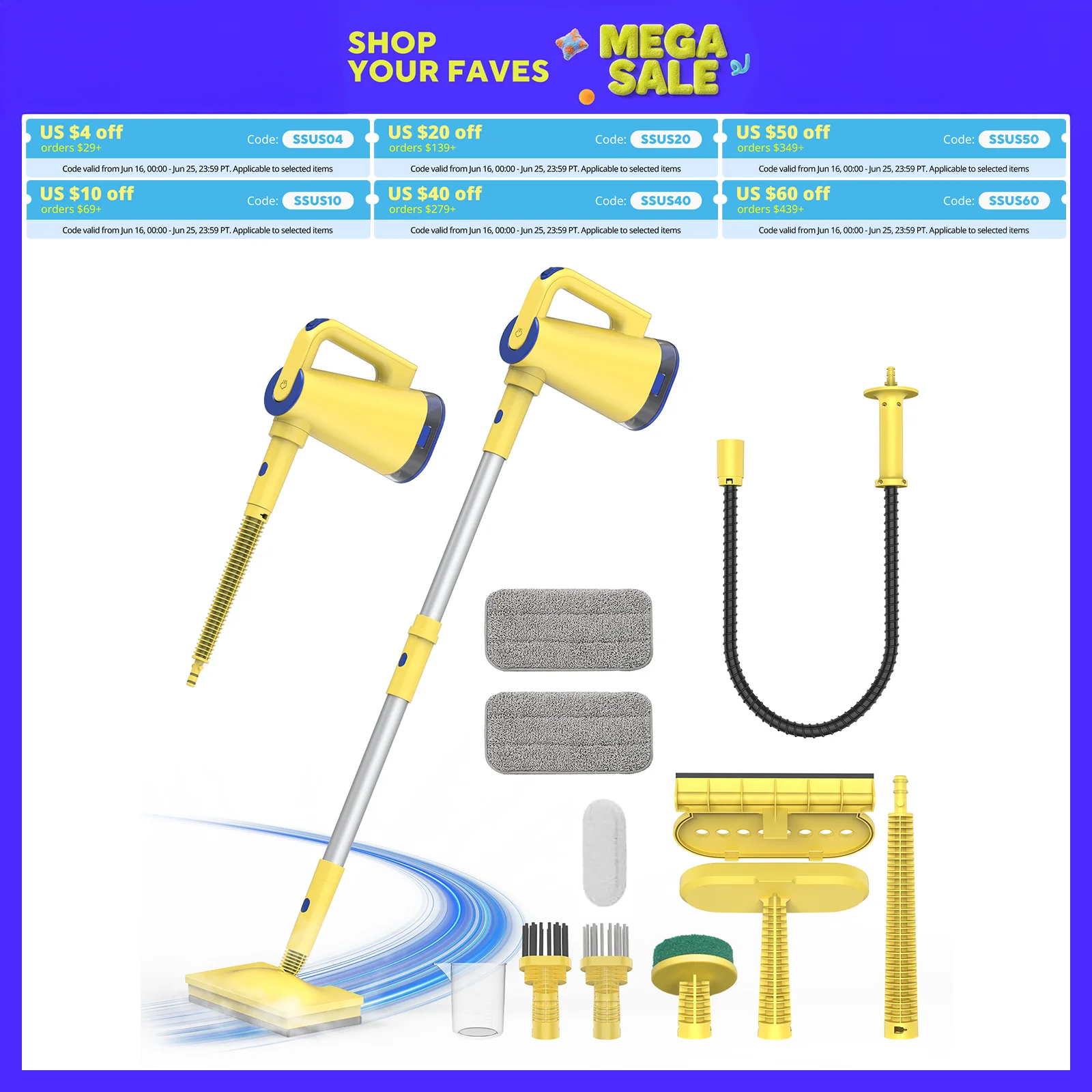 

RAYFURN 1500W 7-in-1 Steam Mop Cleaner 120° Swivel Mop Head 150° Steam Temperature Mops All Floors Accessories Removable Replace