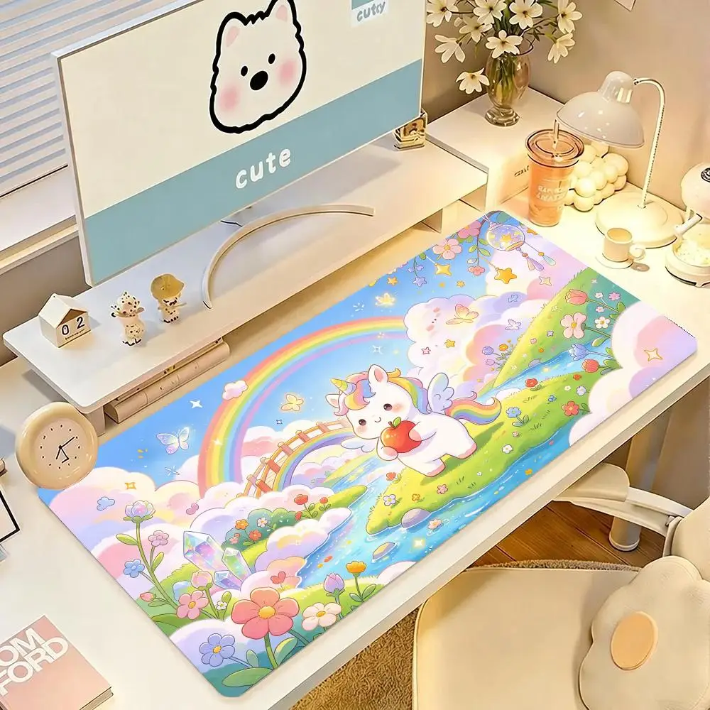 Rainbow Unicorn Fantasy Desk Mat Thick Rubber Smooth Glide Non Slip Rubber Base For Student Gaming Desk Decor