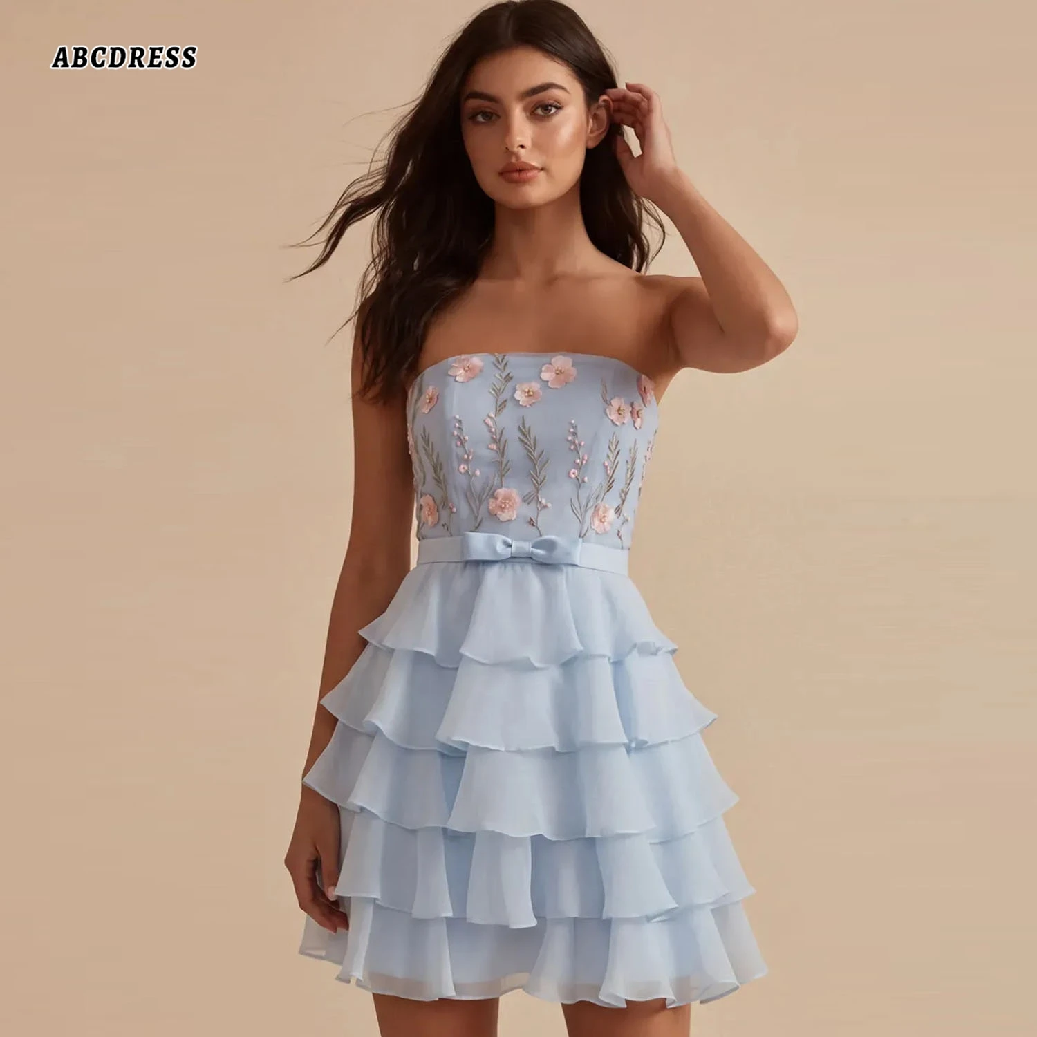 Customized Light Blue Tiered Ruffle Chiffon Homecoming Dress Strapless A Line Mini Cocktail Party Dress 3D Floral Prom Gown