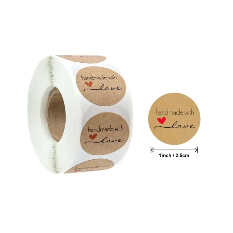 500pcs Roll Kraft paper handmade with love Handwritten sealing sticker Gift Supplies Decoration Sticker for Package DIY 1 inch