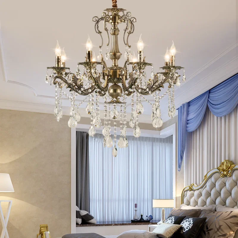 

European Style Dining Room Crystal Chandelier Zinc Alloy Bedroom Living Room Lamps Restoring Bronze Villa Hotel Chandelier