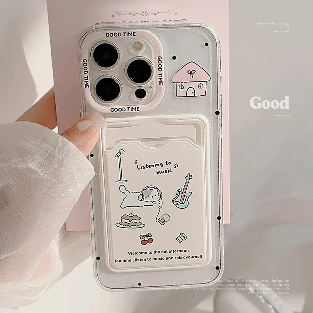 Cartoon Cute Cat Card Bag Clear Phone Case For iphone 15 13 12 11 Pro Max 7 8 14 Plus XS XR XS Max Wallet Card Slot Cover Gift