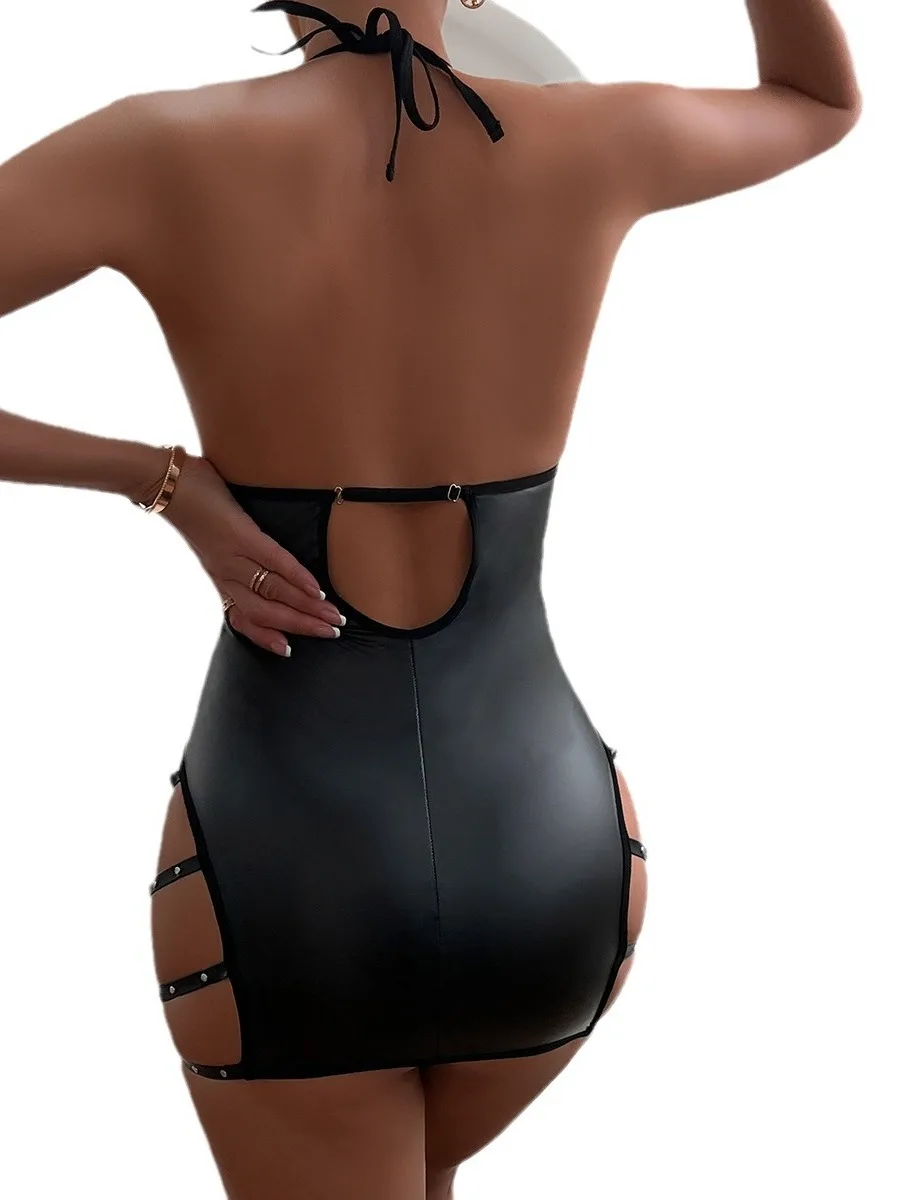 Robe courte en cuir PU noir pour femme, perle œilée, sangle creuse en métal, col en V profond, fesses rondes sexy, W6Canon