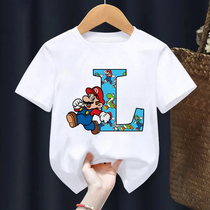 Super Mario Children T-shirts Letter Name Combination Kawaii Cartoon Figure Printed T Shirt Kids Short Sleeved Tops Boys Clothes