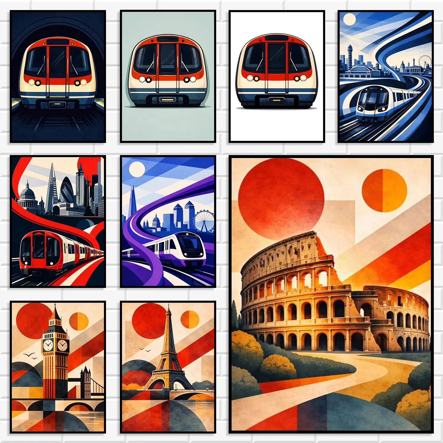 Mid Century Bauhaus Abstract City Diamond Print Bundle Metro Subway Train Geometric Poster Transportation Industrial Home Deco