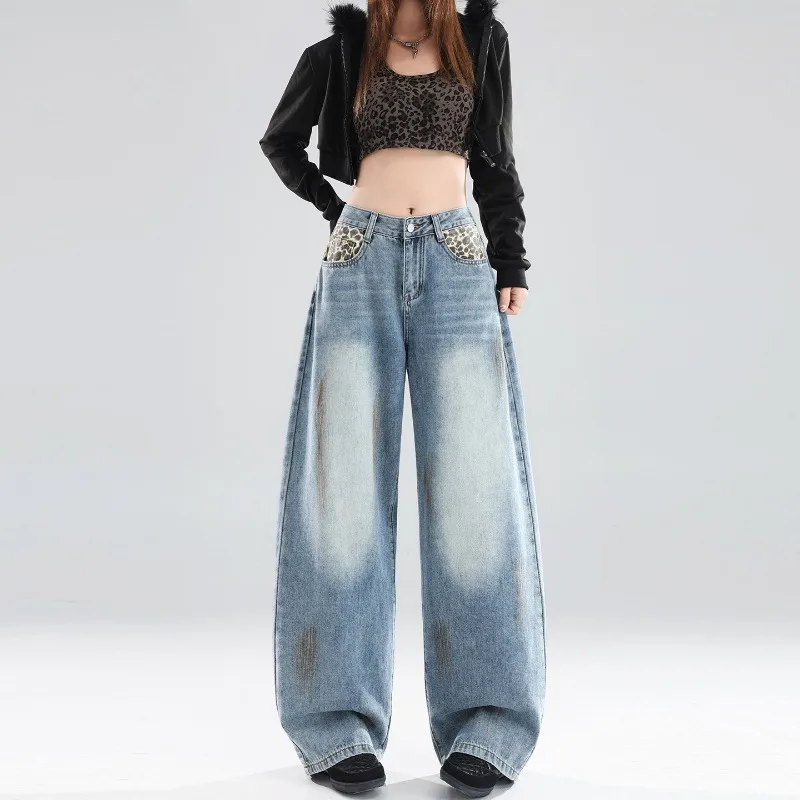 Womens Retro Leopard Print Cuffed Wide Leg Jeans New Spring Autumn High Waist Draped Slim Straight Floor Length Denim Pants