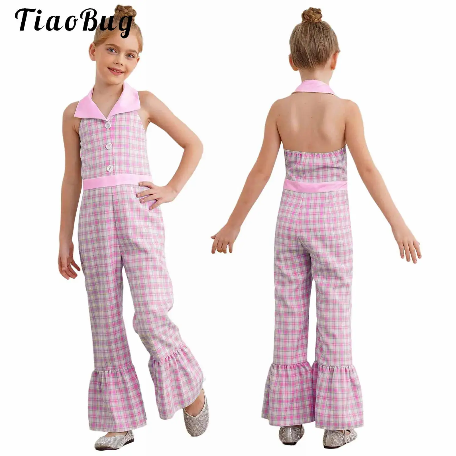 

Teen Girls Jumpsuit Fashion Plaid Halter Collared Sleeveless Casual Rompers Ruffle Bell-Bottom Pants for Wedding Birthday Party