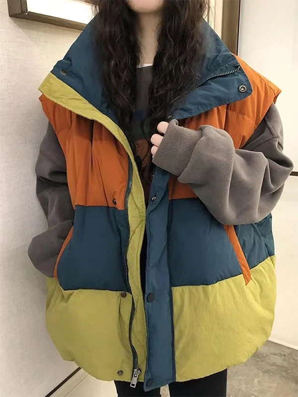 

Loose Fit Oversized down Cotton Vest ex Autumn Winter Padded Jaet Color Blo Bread Sle Outerwear Trendy Youthwear