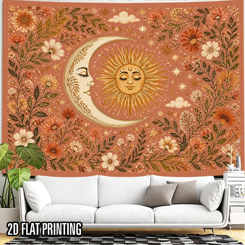 Boho Sun Moon Face Tapestry, Terracotta Wildflower Leaf Star Cloud, Vintage Celestial Botanical Wall Hanging Bedroom Dorm Decor