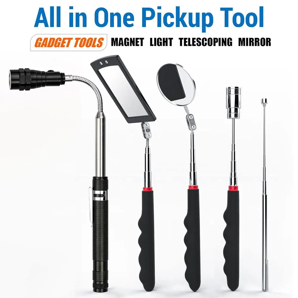 

Professional magnetic telescopic pick-up tool set with adjustable pole and 360° rotating inspection mirror, repair tool.