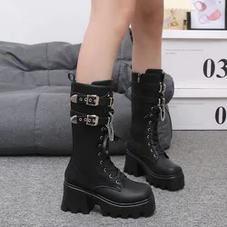 Women Black Goth Boots Spring Autumn Shoes Chunky High Heels Punk Lace Up Mid Calf Motorcycle Boots Wedges Platform Botas Mujer