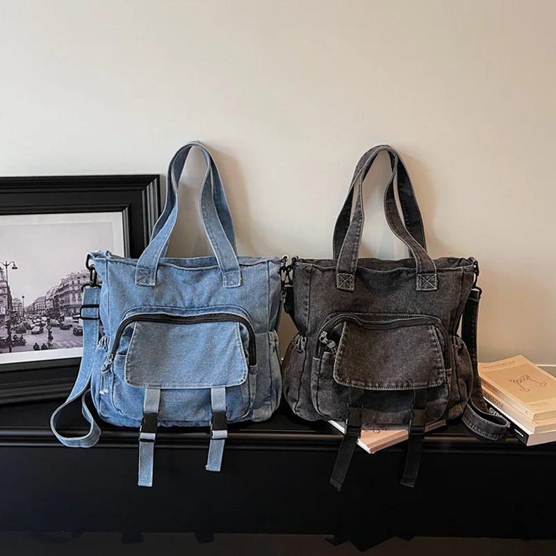 

Large Capacity Denim Shoulder Bag Basket Female Crossbody Bags For Women Casual Bucket Tote Japanese Style Simple Student Bag