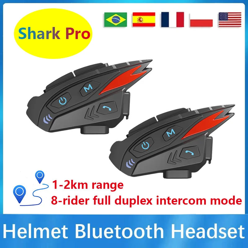 Motorcycle Helmet Bluetooth Intercom Headset Shark Pro IP65 Waterproof CVC Denoise FM Radio Connection 2 Devices Music Sharing