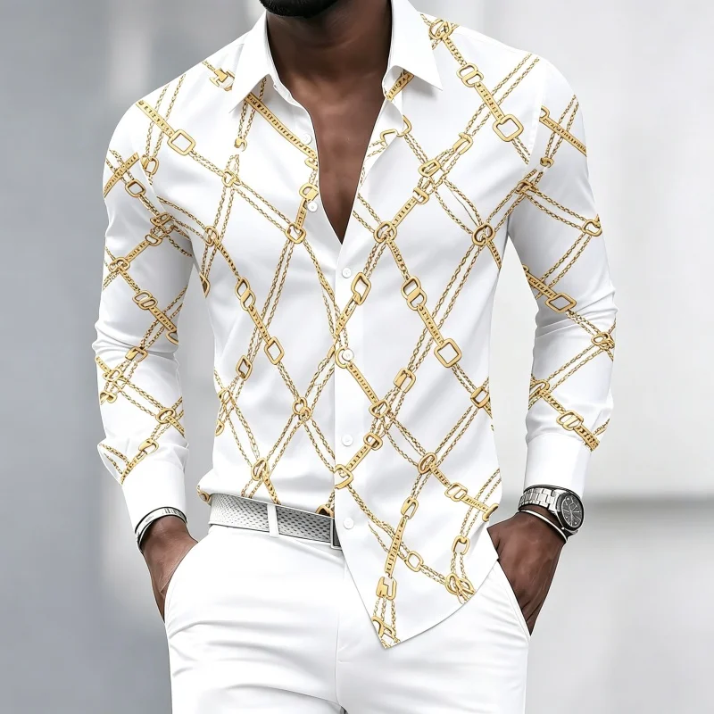 Men's Shirt Long Sleeve Golden Chain Geometric Print Turn Down Collar Casual Streetwear Autumn Daily Fashion Top Men Clothes