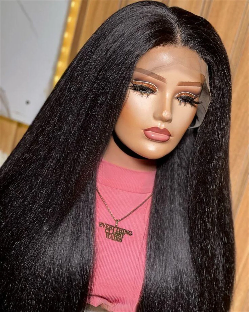 Perruque Lace Front Wig Yaki Synthétique, Cheveux Crépus Lisses, Doux, Longs, Noirs Naturels, 26 Pouces, Pre-Plucked, Sans Colle, pour Femme