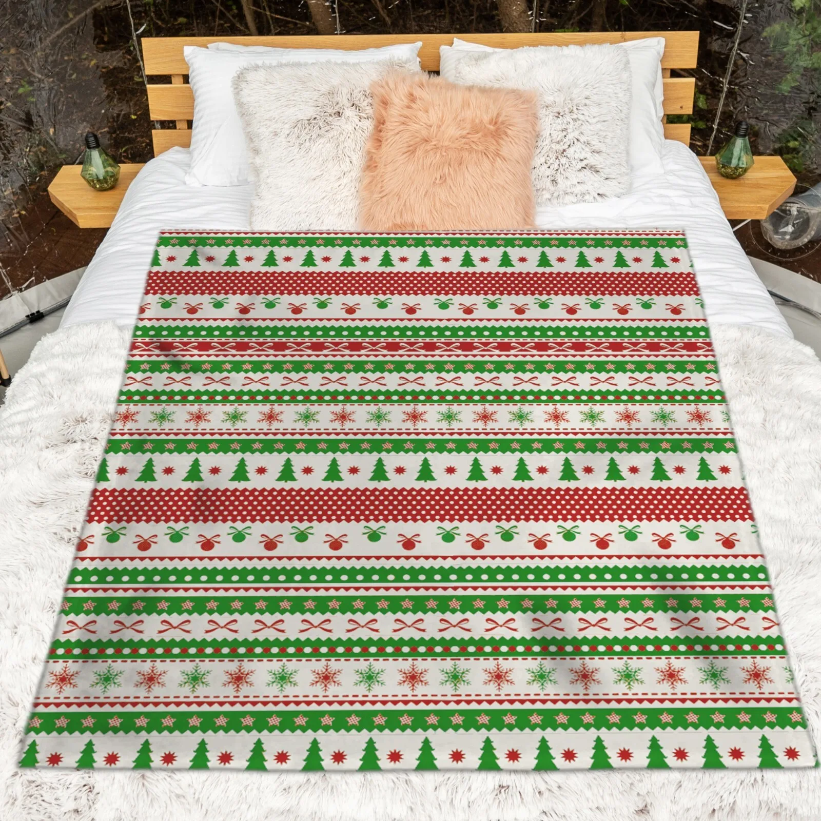 Green Red Striped Christmas Blankets, Cozy Throws for Bed Sofa Couch Camping for Men Women Christmas Gift for Family Members