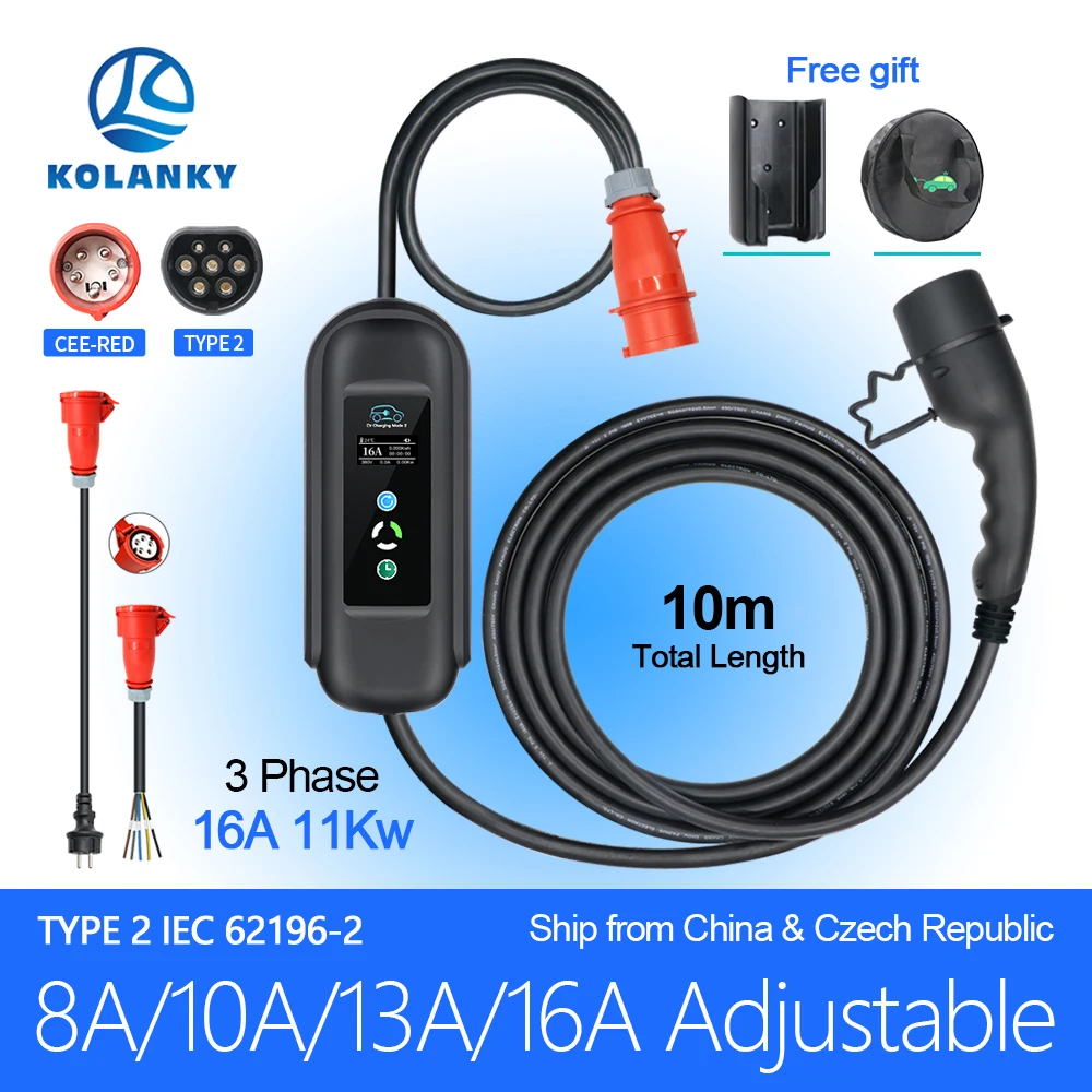 KOLANKY 16A 11KW Portable EV Charger Wallbox Type 2 IEC-62169 Standard Charging Timer For Eletric Vehicle Hybrid Cars Cable 10M