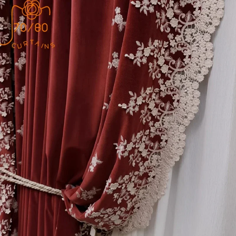 

French Velvet Vintage Wine Red Lace Embroidery Patched Curtains for Bedroom Living Room Villa French Window Custom