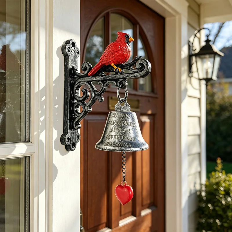 Vintage Resin Cardinal Bird Wind Chime, Heart‑Shape Pendant Hanging Bell Ornament for Garden Porch Patio Decor