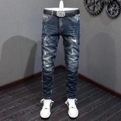 Fashion Designer Men Jeans Retro Black Blue High Quality Elastic Slim Fit Patched Ripped Jeans Men Vintage Denim Pants Hombre