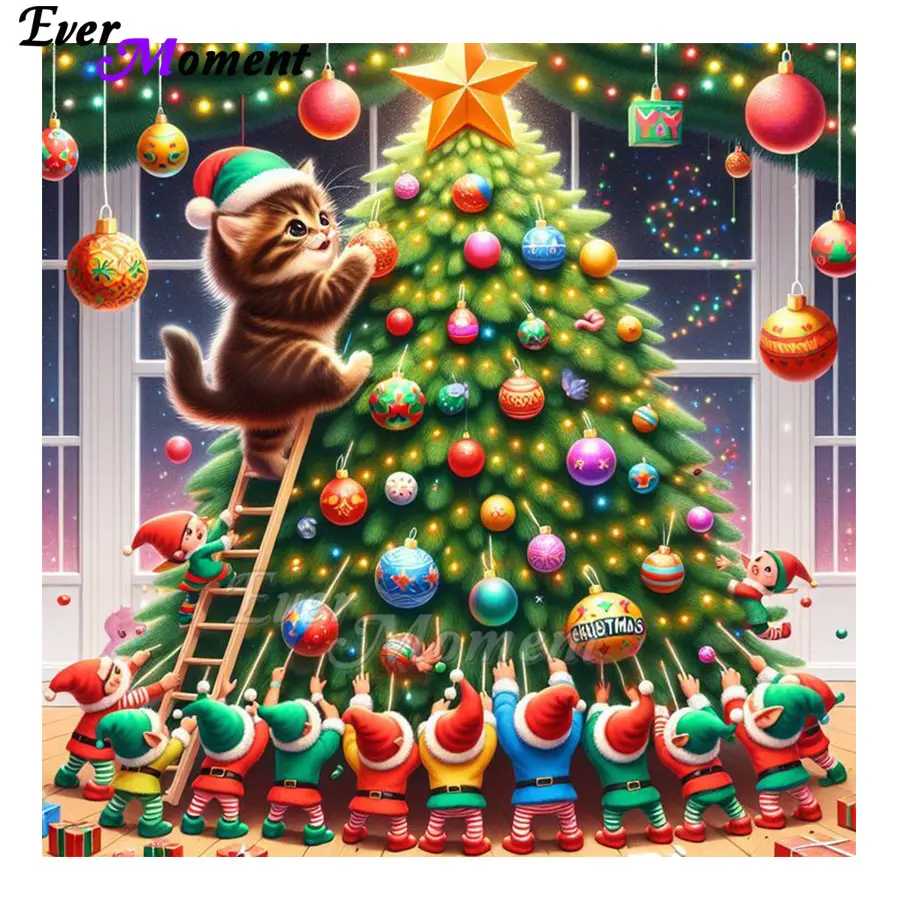

Ever Moment Christmas Tree Diamond Painting Cat Mosaic Kit Aurora Borealis Gemstone Art Customized Wall Decor ASF3077