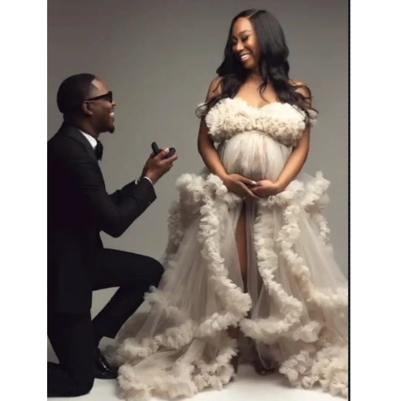 

Fluffy Photo Shoot Maternity Wedding Gown Luxurious Marriage Bridal Wear Morning Ruffle Kimono For Photography