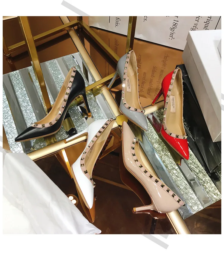 2026 Popular Pointed Toe Patent Leather Rivet Stud High Heels Shoes Banquet Party WeddingShoes Nightclub High Heels Women Shoes