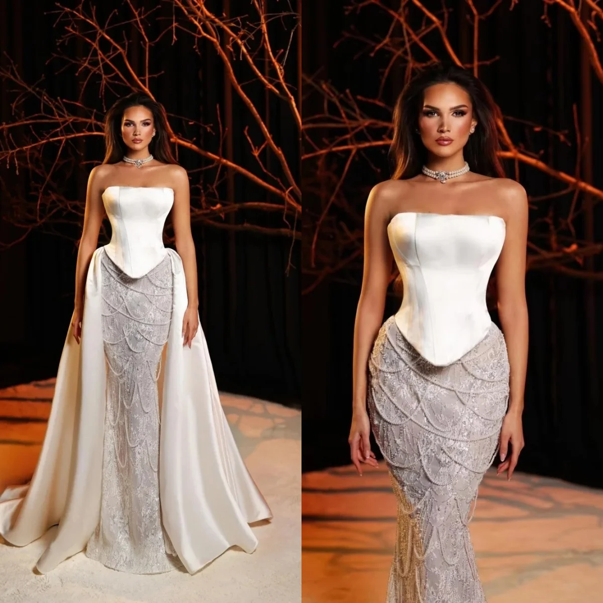Stylish  Pearls Sequins Wedding Dresses Strapless Mermaid Bridal Gowns Detachable Train Illusion Customized Vestidos De Novia