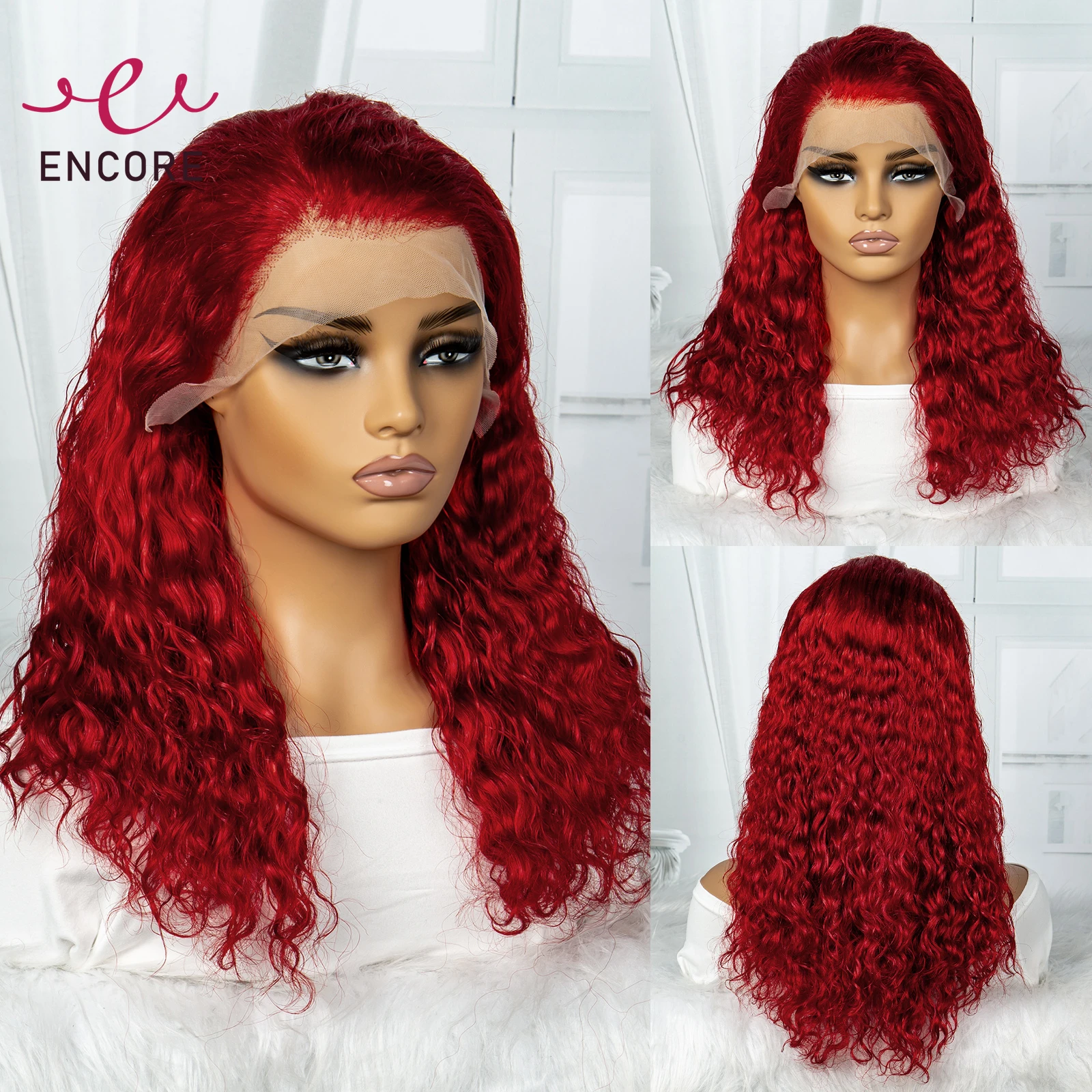 

20 Inch 13x4 Lace Frontal Curly Wigs 250% Density 100% Brazilian Remy Human Hair Wigs Red Water Wave Transparent HD Lace Bob Wig