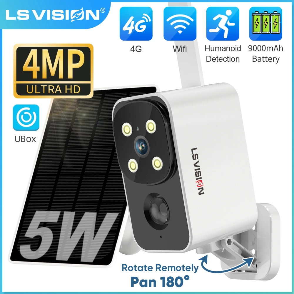 

LS VISION 4G/Wifi Solar Camera Outdoor 2K 180° Pan Rotation Battery Security Cameras PIR Human Alarm Color Night Vision Ubox APP