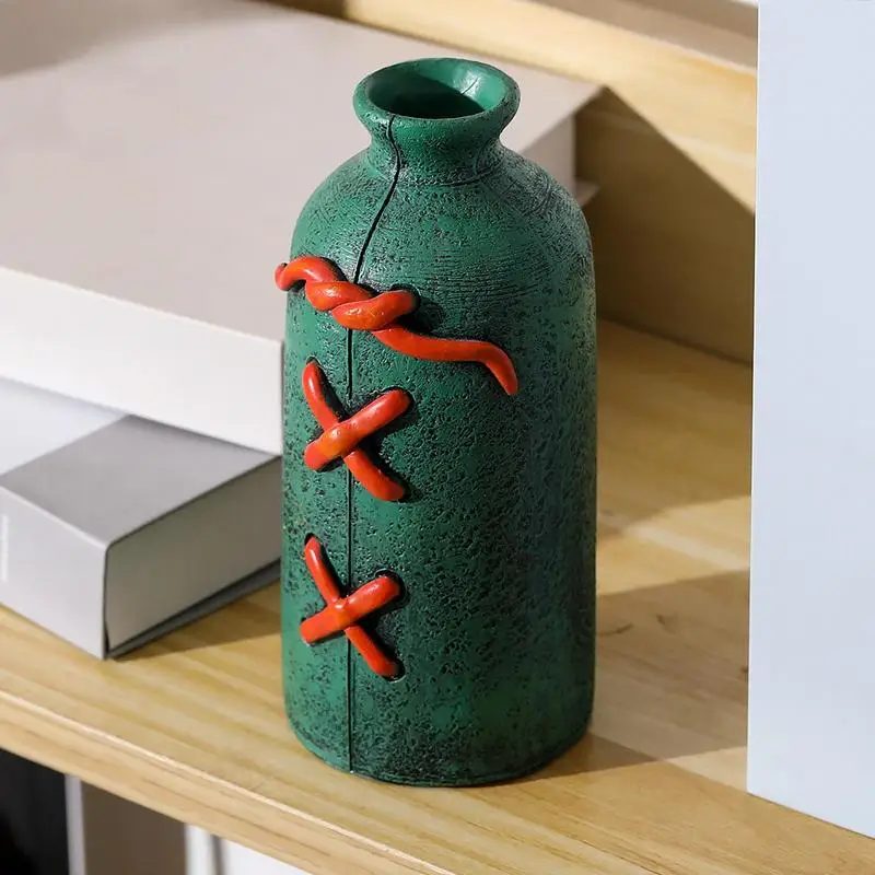 Unique Vases For Flowers Resin Vase Sutured Pattern Creative Dried Flower Container Green Vase Home Dining Room Living Room