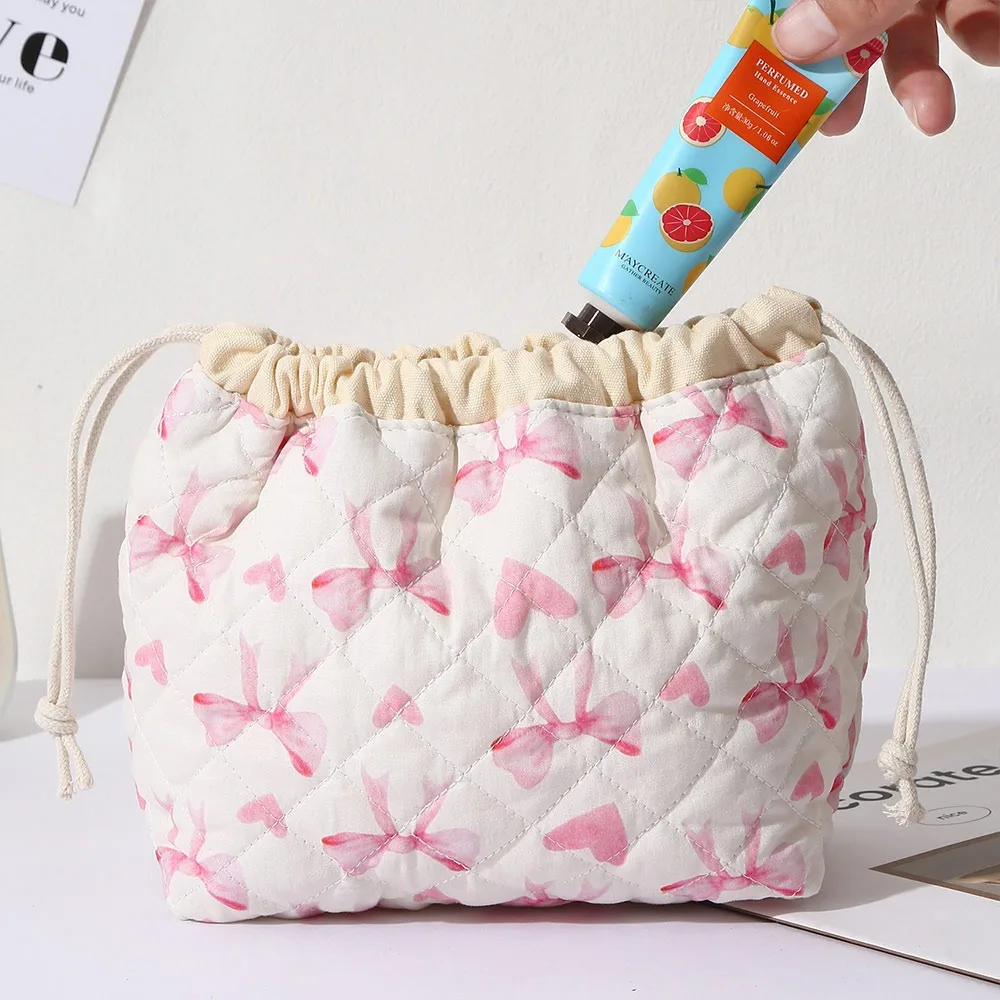 

Portable Bowknot Drawstring Makeup Bag Lightweight Large Capacity Cosmetic Storage Bag Bath Toiletry Handbag