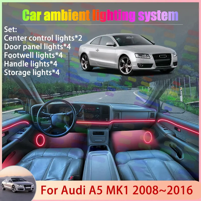 

Для Audi A5 MK1 8T 8F 2008 ~ 2016 2009 2010 2011 2/18 в 1 автомобильный атмосферный светильник RGB абажур ансамбль Streamer атмосферный набор