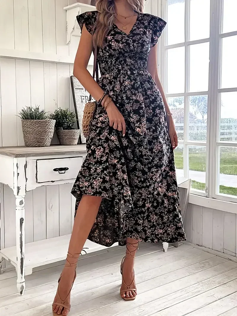 Robe longue à fleurs pour femmes, grande taille 1XL-5XL, tendance, décontractée, imprimée de pétales et robe à Silhouette décontractée