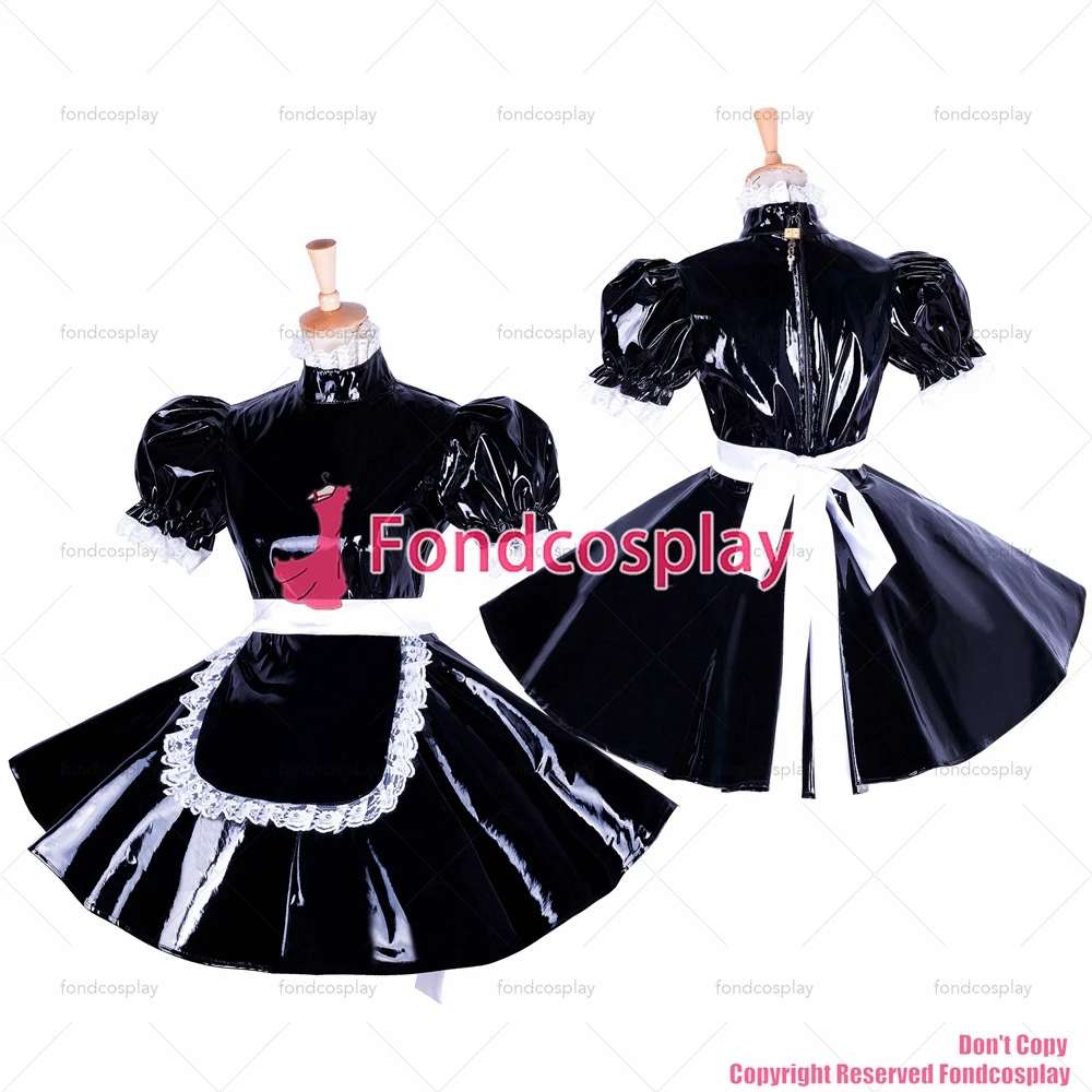 

fondcosplay adult sexy cross dressing sissy maid short lockable black heavy PVC dress Uniform apron costume CD/TV[G1654]