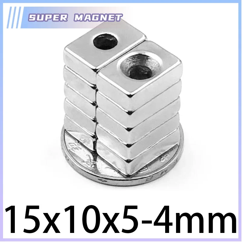 10/20/30/50/100pcs 15x10x5-4mm  Strong Neodymium Magnet hole 4mm Block Permanent Magnetic Powerful Magnets  15*10*5-4 mm