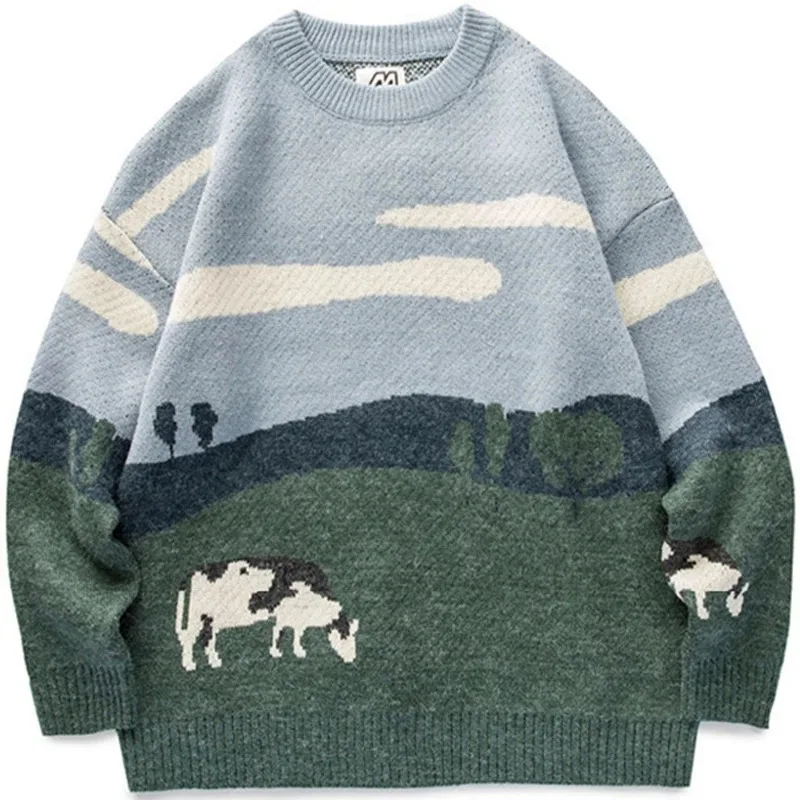 

Men Cows Vintage Winter Warm Daily Knitwear Pullover Male Korean Fashions O-Neck Sweater Women Casual Harajuku Clothes