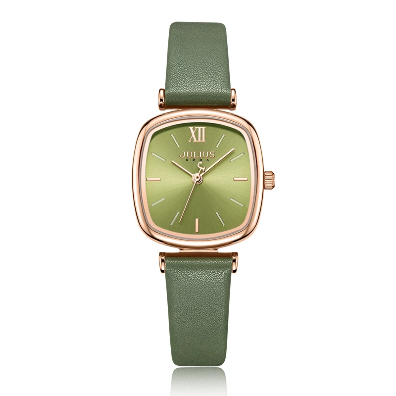Women'S Watch, Simple Design, Korean Style, Leather, Versatile And Elegant, Square Small Green Quartz Watch, Watch Accessory.