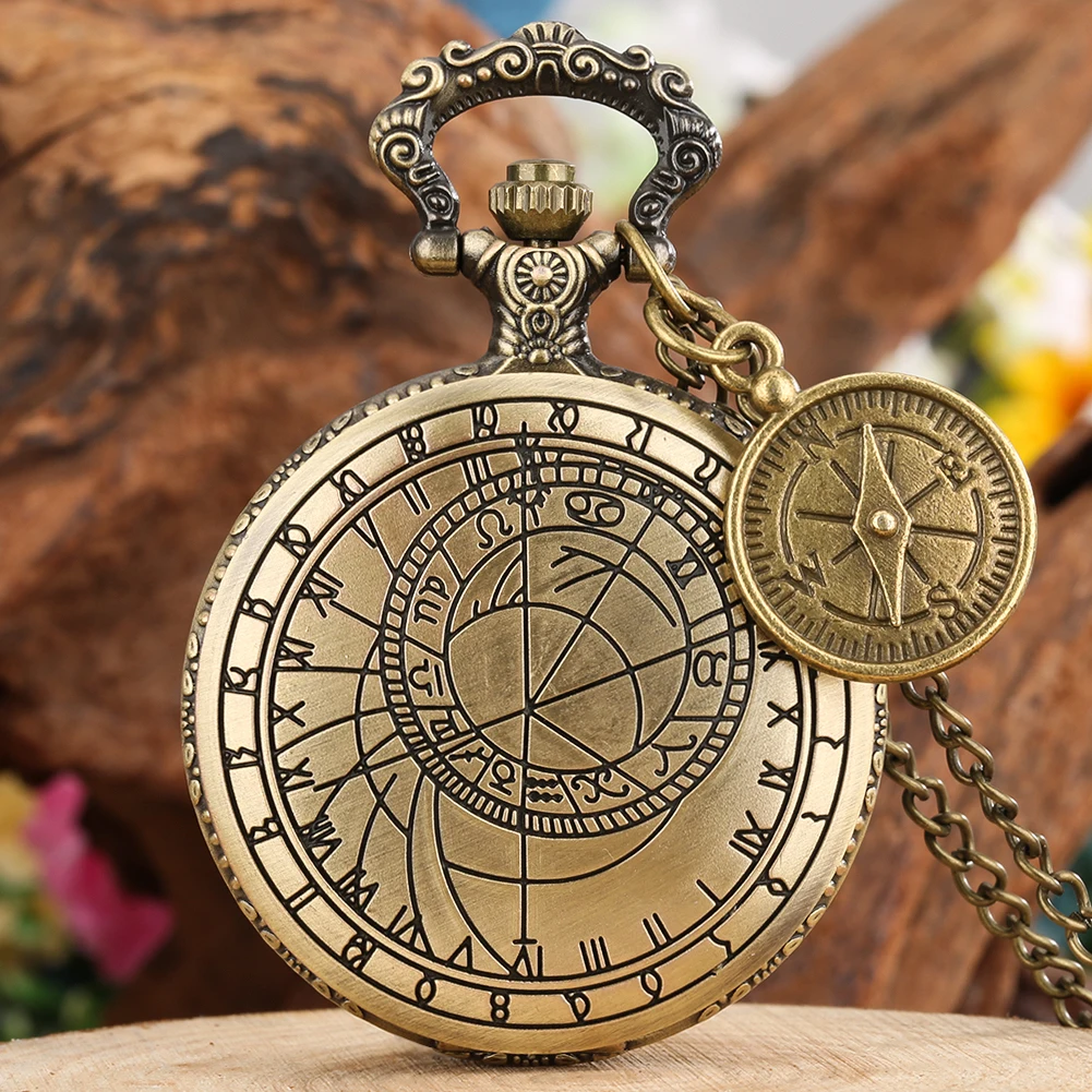 Bronze Zodiac Compass Pattern Display Quartz Necklace Watch Men Women Sweater Chain Pendant Antique Pocket Timepiece Gifts Male