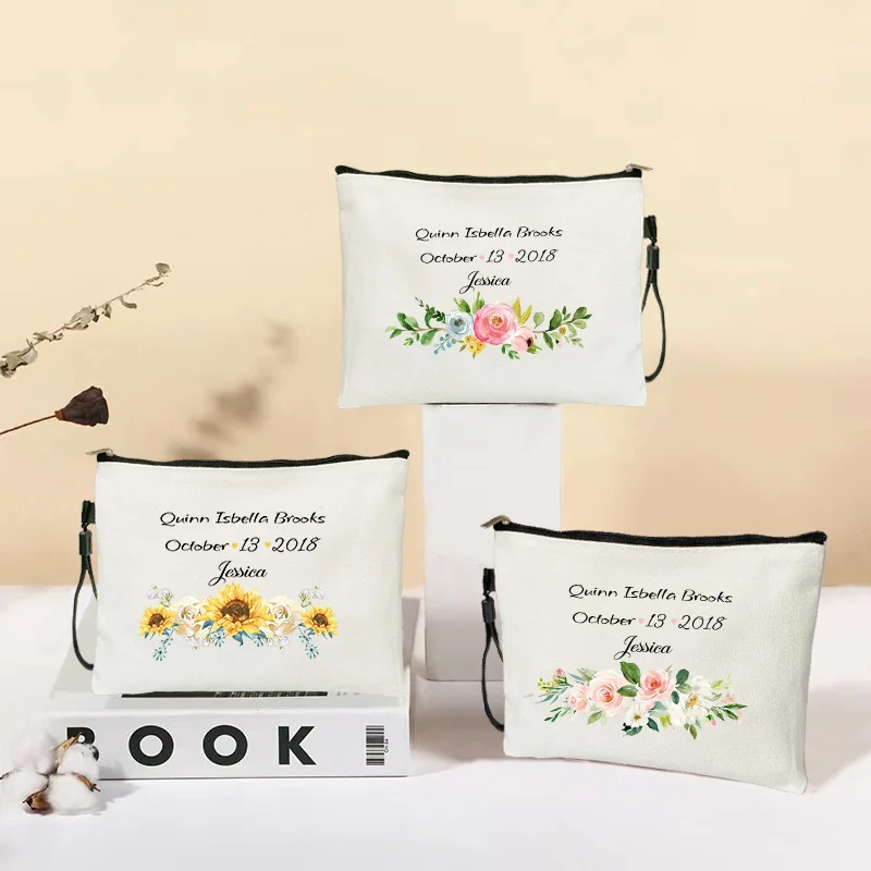 Floral Personalized Custom Text Print Makeup Bag Wildflower Art Teacher's Wedding Gifts Travel Cosmetic Bags Pouchs Toilet Kits