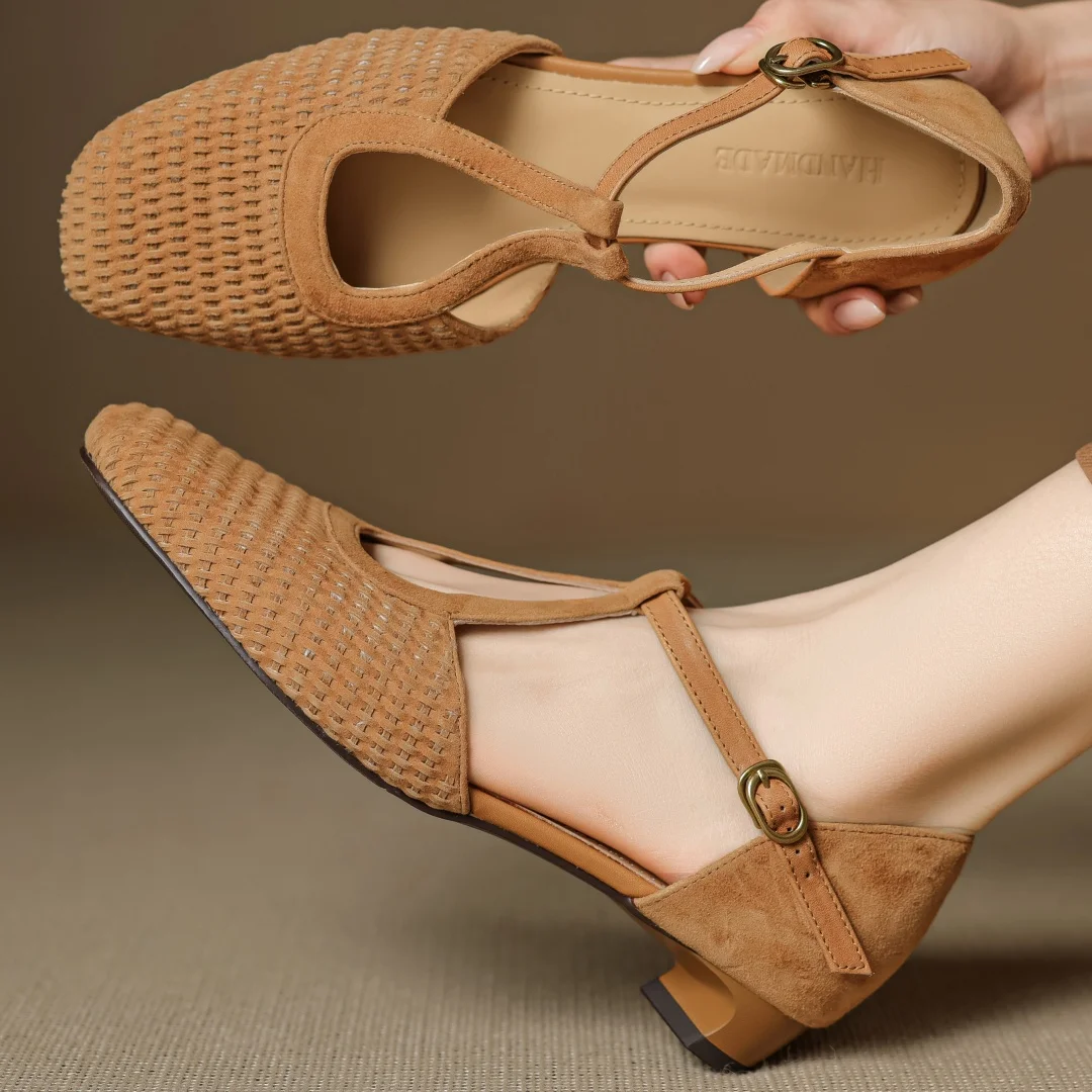 

Женские босоножки из натуральной замши с узким ремешком и Т-образным ремешком, элегантные женские летние облегающие туфли на каблуке-лодочке на каблуке 2,5 см