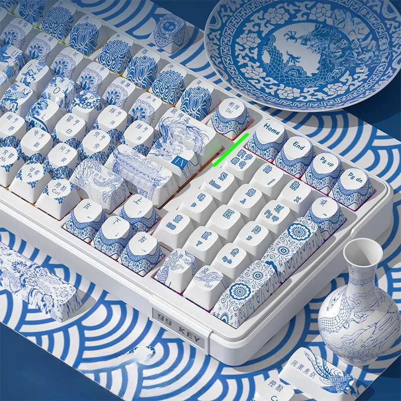 ECHOME Blue and White Porcelain Theme Keycap Set PBT Chinese Culture Keyboard Cap Cherry Profile KeyCap for Mechanical Keyboard