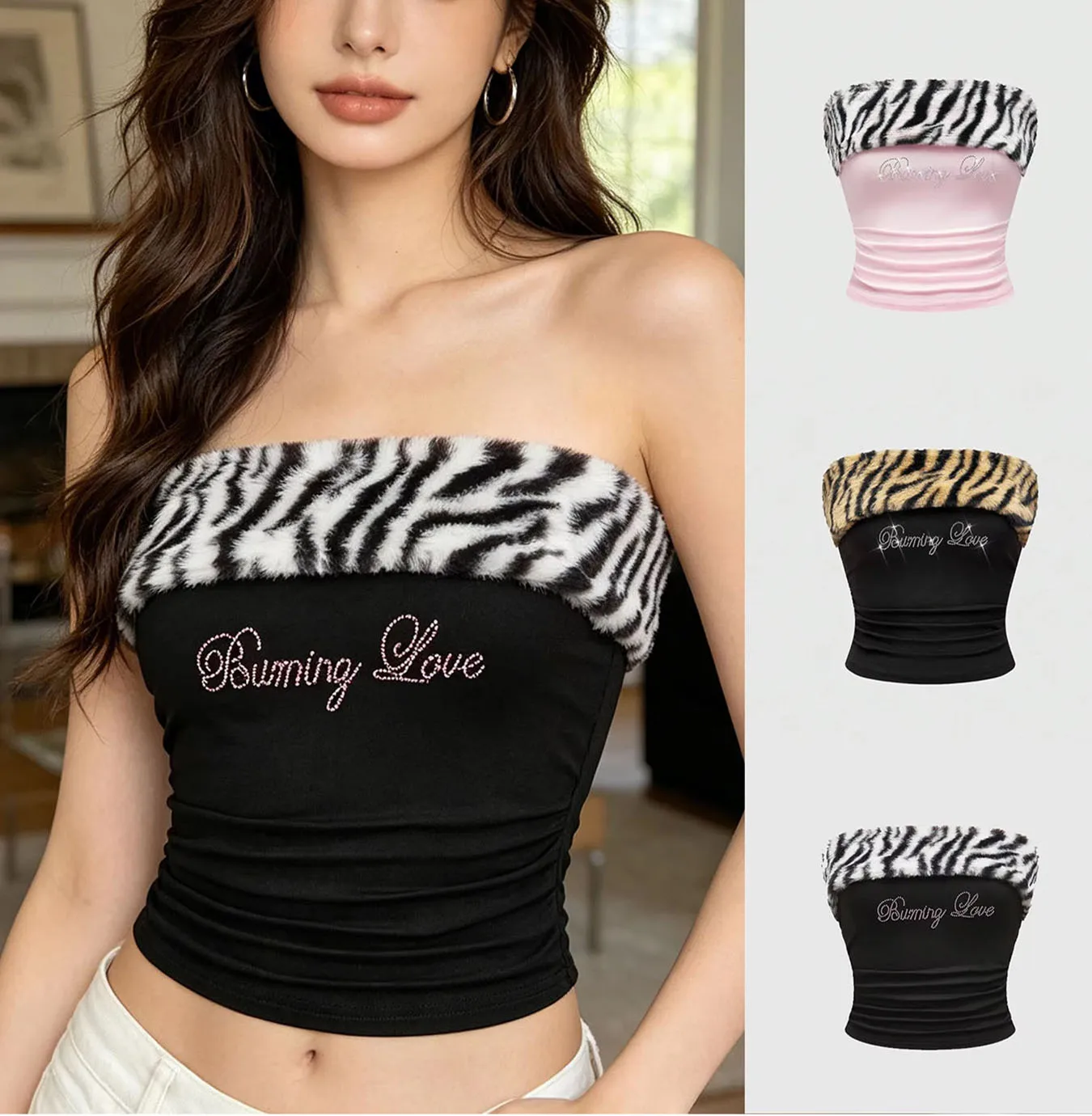 Summer New Y2K Slim Fit Sexy Personality Letter Hot Pressed Leopard Pattern Exposed Navel Top Strapless Vest