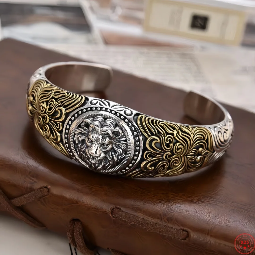 BOCAI  S925 Sterling Silver Charms Bangle for Men Women Antique Eternal Rattan Lion Hear Punk Bracelet Fine Choice Jewelry