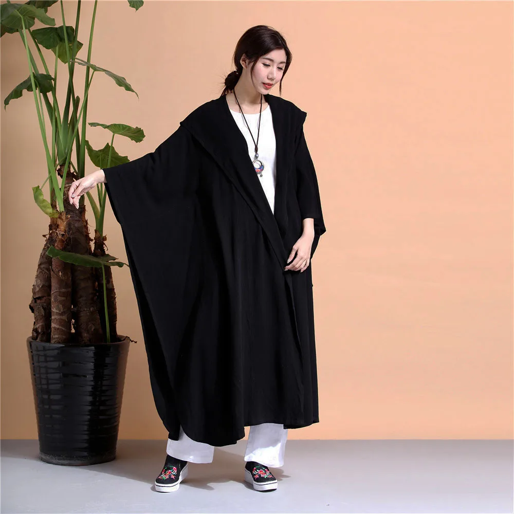 Cotton Linen Lightweight Bat Sleeve Loose Version Cardigan Windbreaker Mens Women's Zen Clothing Retro Hanfu Wizard Hooded Cloak